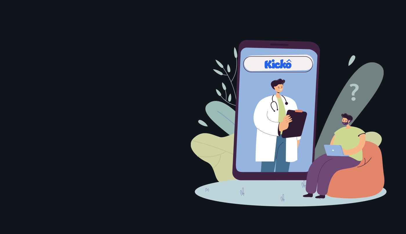 Illustration of a person using a smartphone with a healthcare app on a dark background looking to buy nicotine vapes so they can quit smoking