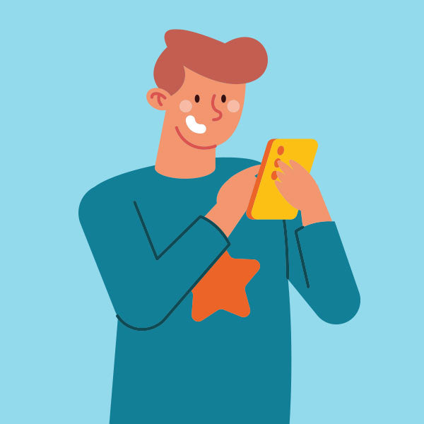 Illustration of a person holding a smartphone with a blue background