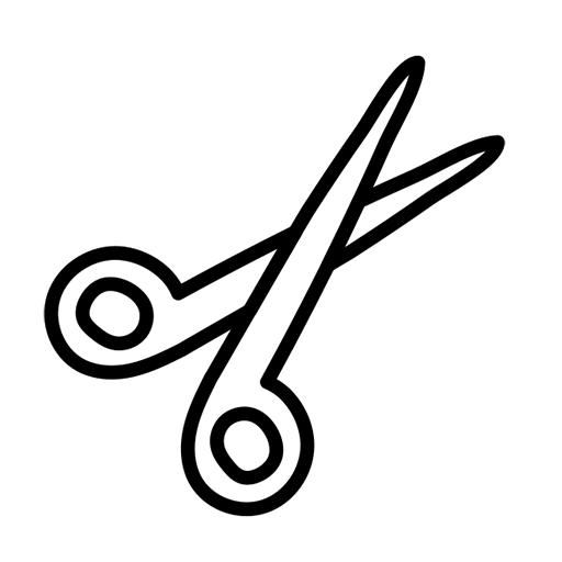 Black line drawing of a pair of scissors on a white background