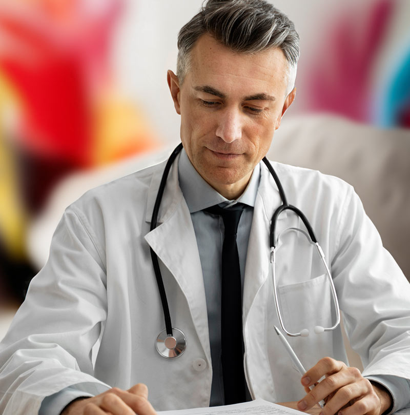 Doctor in a white coat with a stethoscope, sitting at a desk writing nicotine vape prescriptions