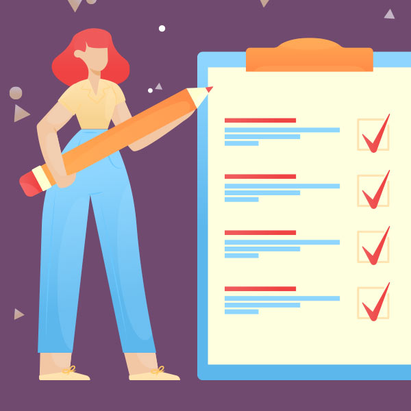 Illustration of a person with a giant pencil next to a checklist with checkboxes.