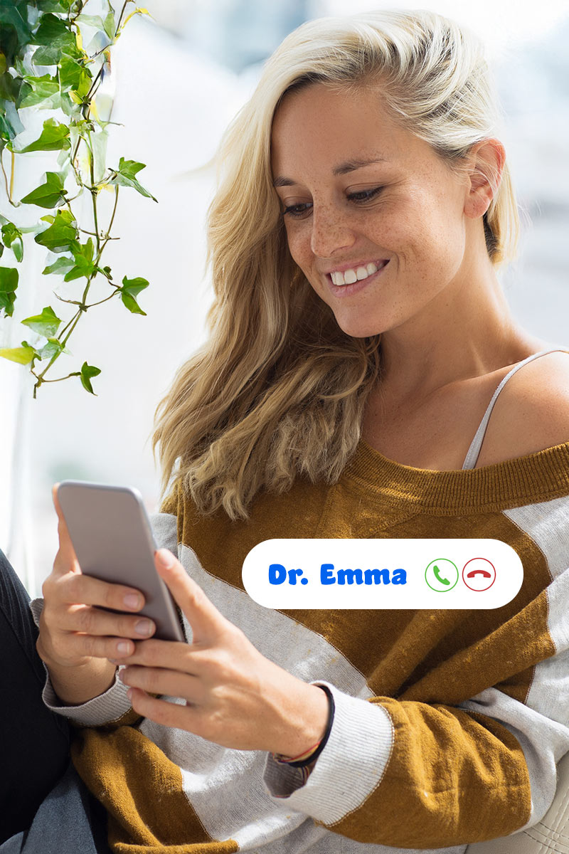 Woman using a smartphone with 'Dr. Emma calling from Kicko for a nicotine vape prescription.