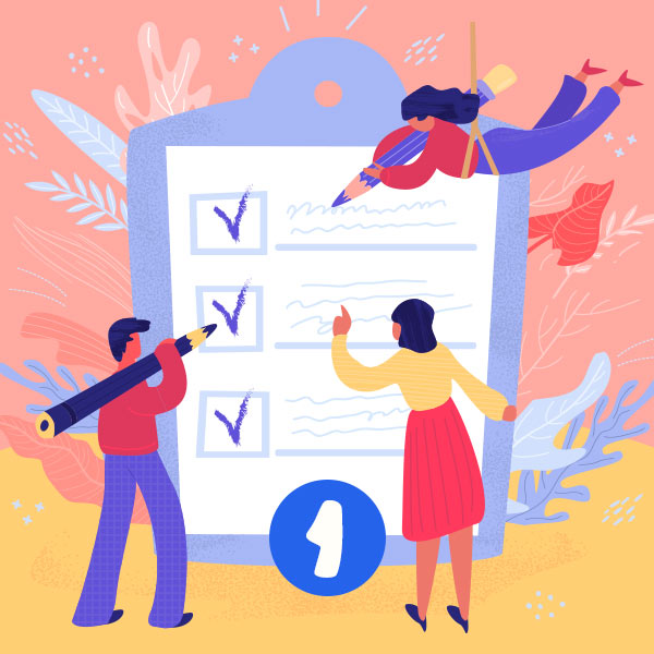 Illustration of two people checking a nicotine prescription online eligibility list on a large screen with colorful background