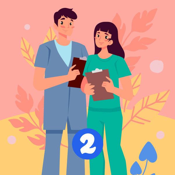 Illustration of two healthcare professionals holding clipboards against a colorful background with leaves.