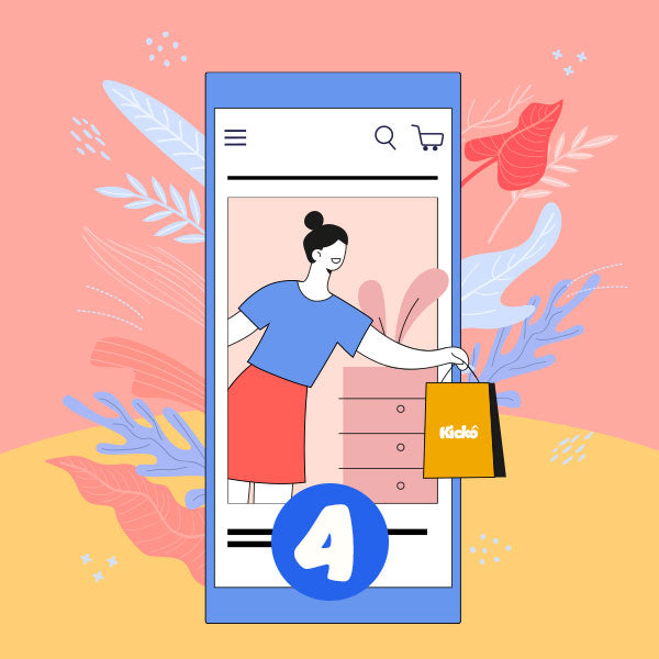 Illustration of a smartphone displaying an e-commerce app with a person holding a shopping bag, set against a colorful abstract background.
