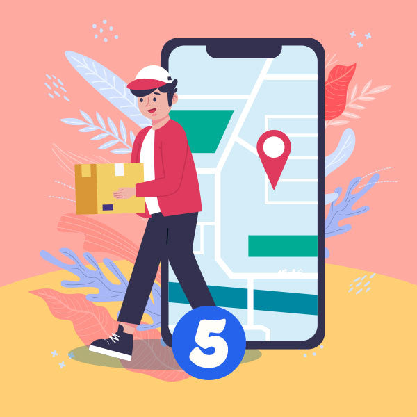 Illustration of a person with a package next to a smartphone displaying a map app on a colorful background.