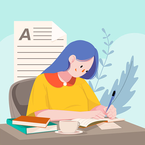 Illustration of a person studying with books and a cup at a desk.