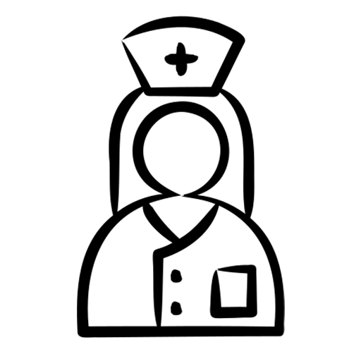 Black and white icon of a nurse with a hat and uniform on a white background