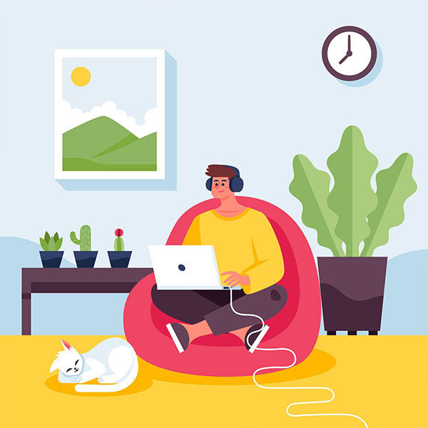Person sitting on a pink chair using a laptop in a cozy room with plants and a clock.
