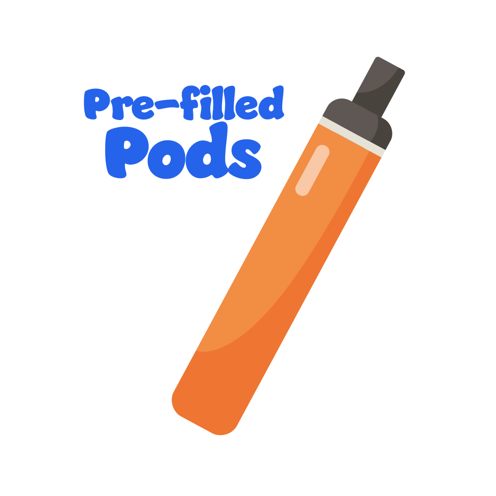 Orange vape pen with 'Pre-filled Pods' text on a white background
