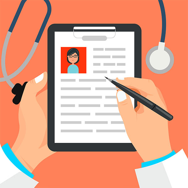 Illustration of a doctor using a tablet with a patient profile on an orange background