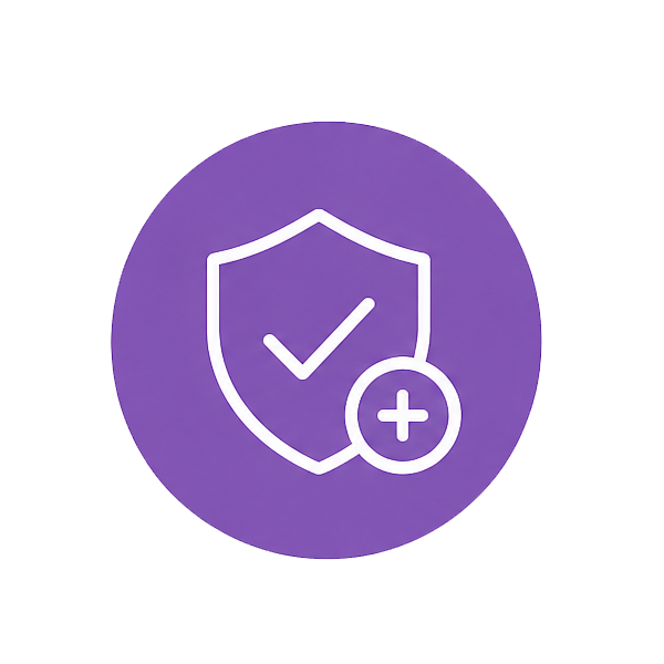 Icon of a shield with a check mark and plus sign on a purple circle
