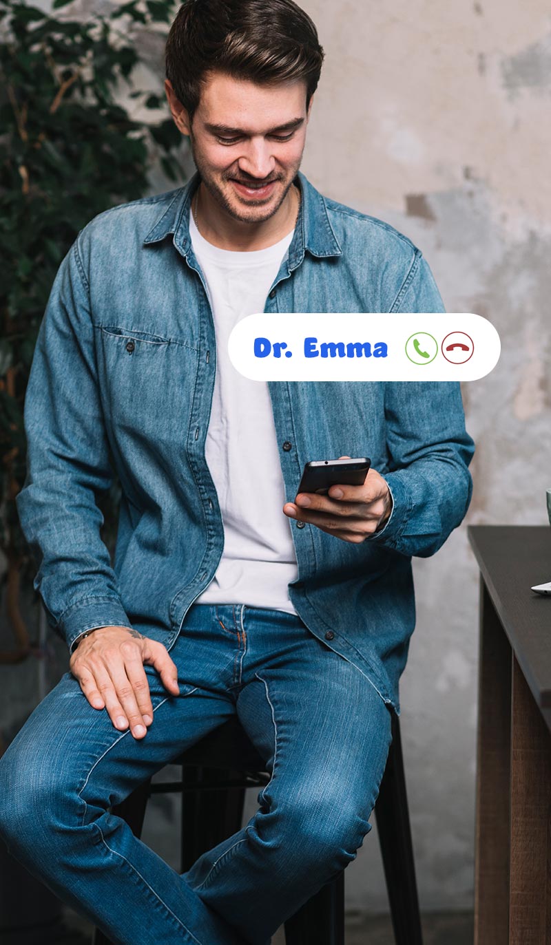 Man using a smartphone with 'Dr. Emma' app icon overlay