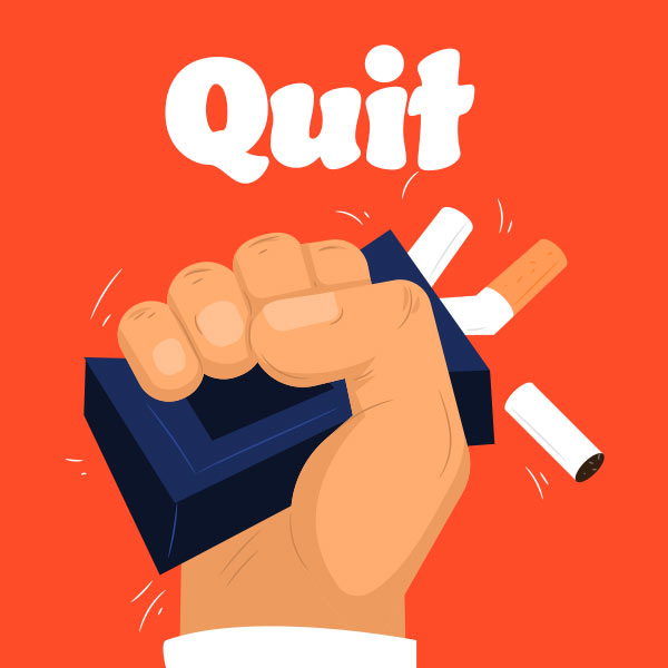 Illustration of a hand holding a box of cigarettes with the word 'Quit' on an orange background.