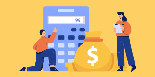 Illustration of two people interacting with a large calculator and money bag on a yellow background