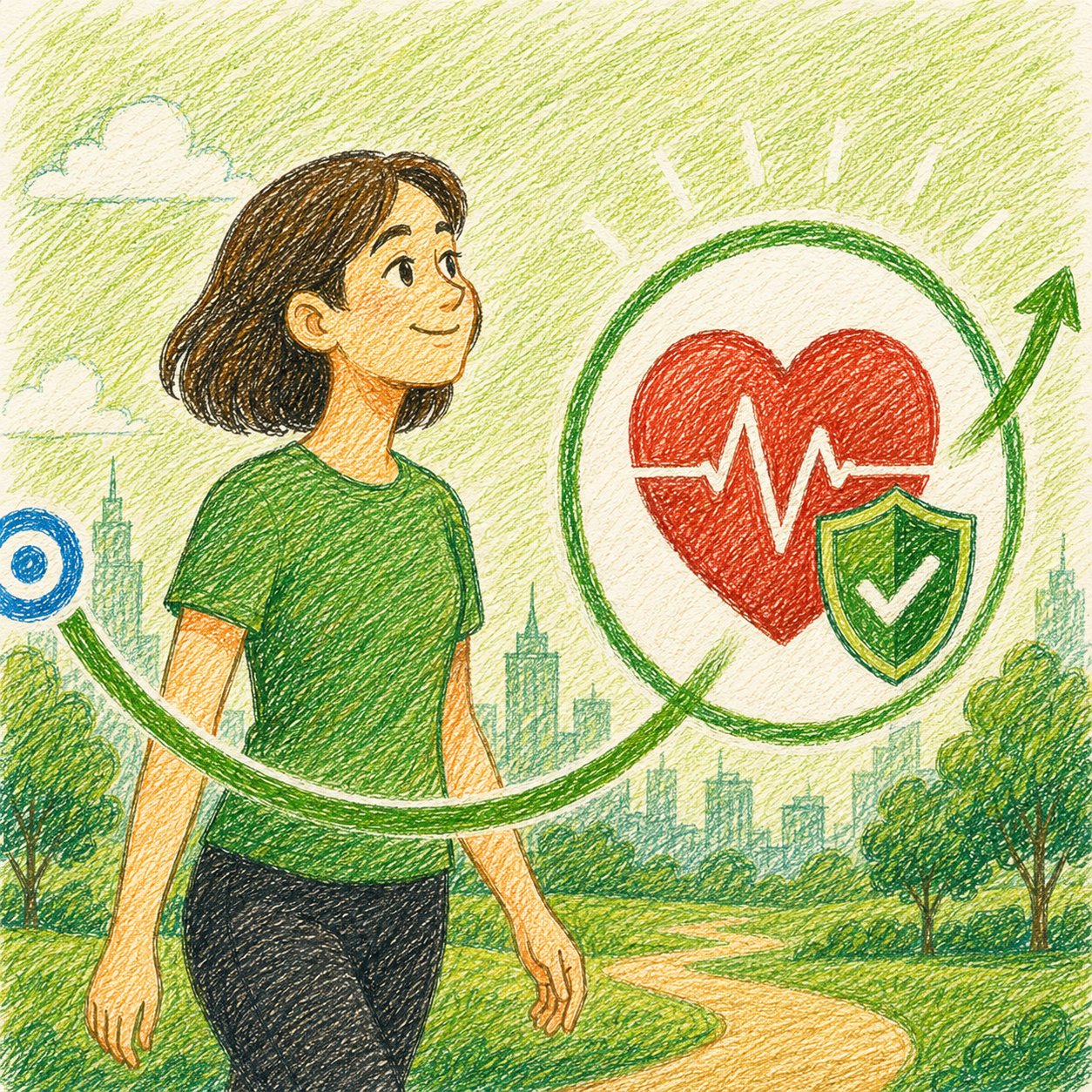 Illustration of a person walking with a green ribbon, symbolizing health and wellness, with a heart and shield icon in the background.