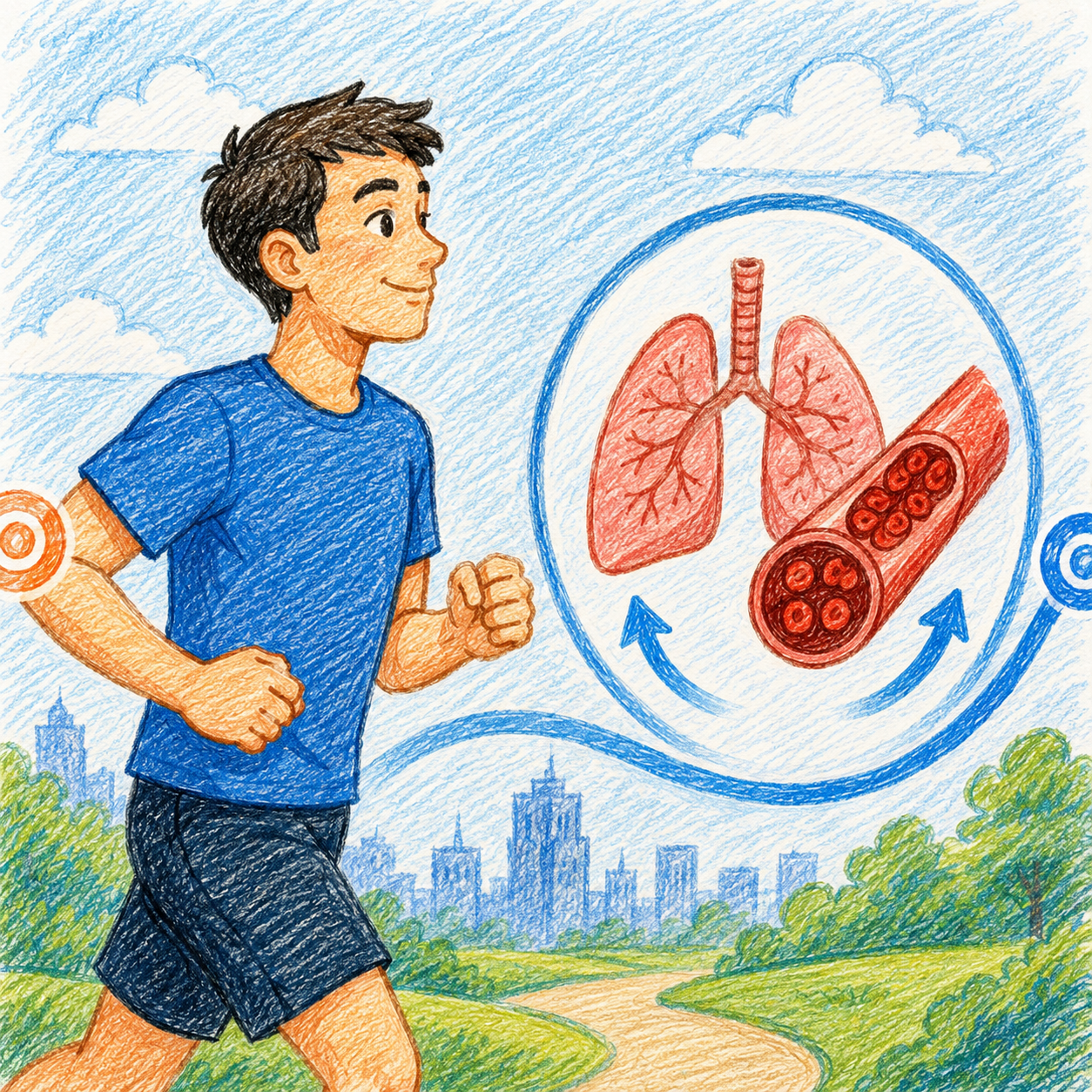 Illustration of a person running with lungs and blood vessels highlighted, set against a cityscape.