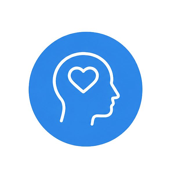 Blue circle with a white outline of a head and heart symbol on a white background